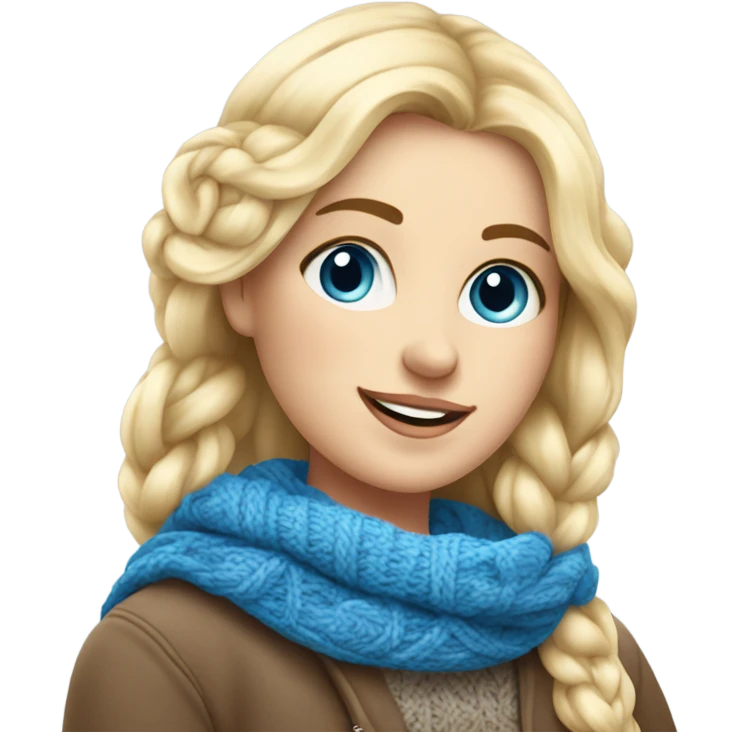 beautiful finnish blonde woman with blue eyes knitting scarf with flowers emoji