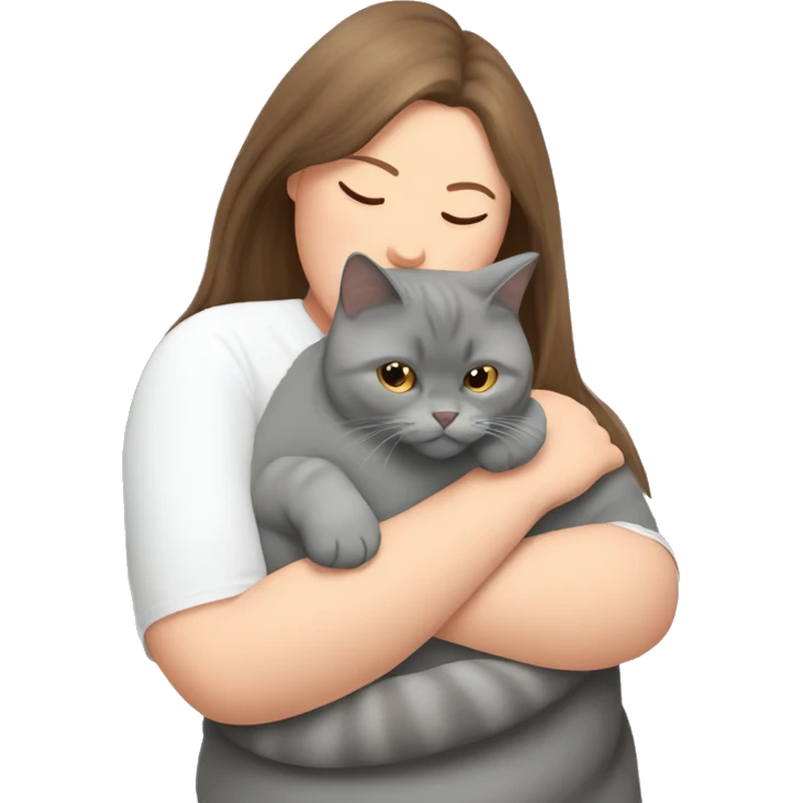 fat British shorthair grey cat hugging long brown hair white woman emoji
