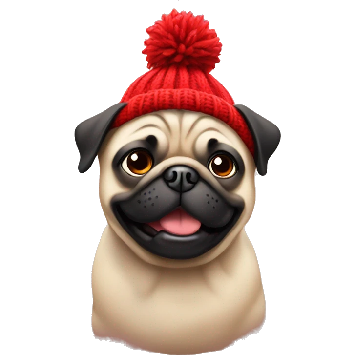 Cheerful pug in a red Knitted hat emoji