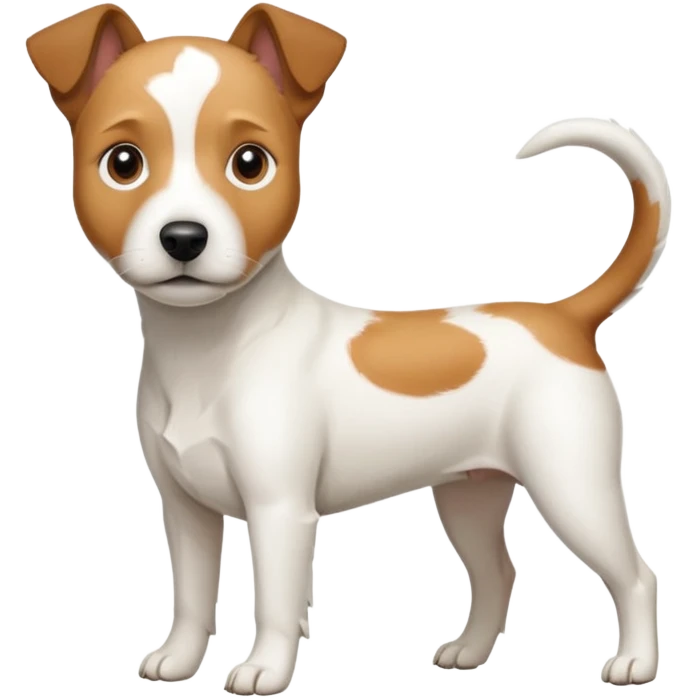 a full body slightly chubby white parson russell terrier looking dog the size of a kelpie with light brown long ears and a light brown patch on one eye and a large snout. the rest of the dog is completely whiteforward facing emoji