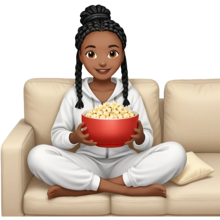 A dark-brown-skinned Black woman with black box braids, holding a large bowl of popcorn in her lap, smiling , wearing comfy loungewear sitting on couch emoji