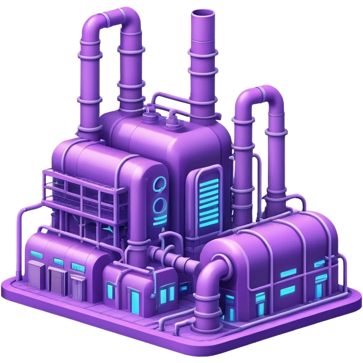 AI-powered factory. It should be a building with pipes. Add light violet neon glowing symbolizing power of AI emoji