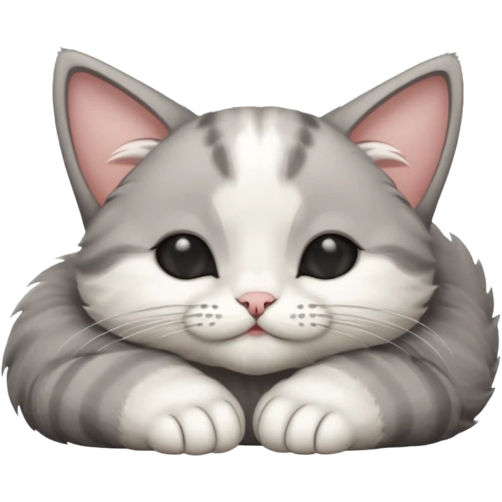 grey and white small cat with eyes closed lying down upside down with its head resting on its paw emoji