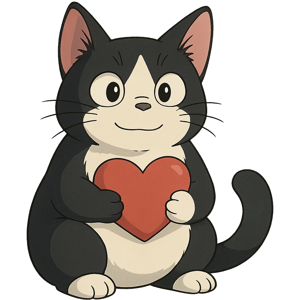 fette schwarz-weiße Katze im Anime-Stil, hält ein Herz emoji
