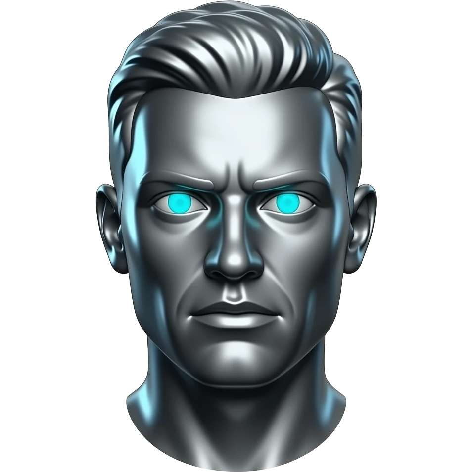 "A polished chrome soccer player statue head, front-facing, serious focused expression, glowing cyan (#00D4B1) eyes, dark background. Metallic reflections with subtle cyan light accents. Clean, no background, emoji style, high detail. The statue represents discipline, focus and self-mastery." emoji