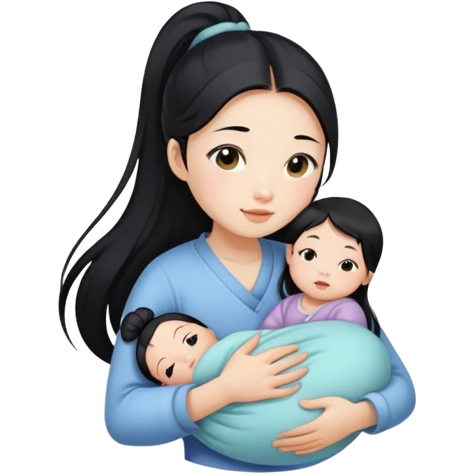 Ponytail chinese girl hugs a newborn baby and a girl emoji