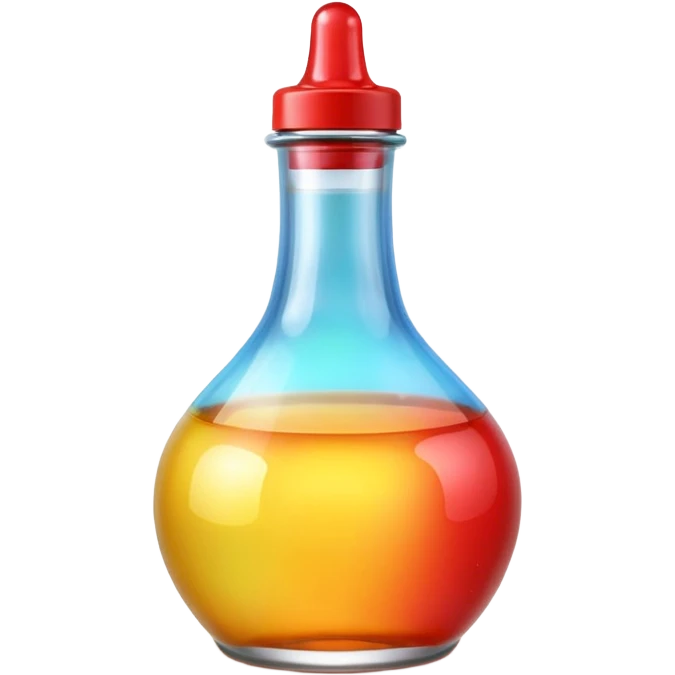 A 3D Apple-style beverage bottle emoji, transparent glass filled with colorful liquid (like soda or juice), shiny surface with light reflections, simple round body with a narrow neck and cap, clean minimal background. emoji
