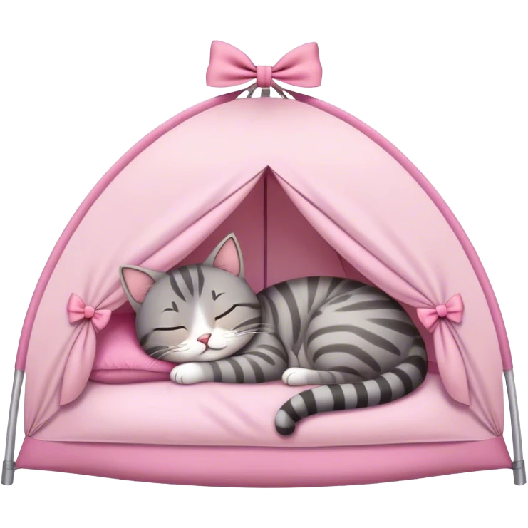 Grey tabby sleeping on a light pink tent with a bow on it emoji