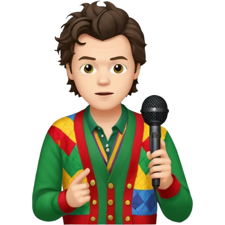 harry styles with a mic, he is wearing a patchwork colorful (red, yellow,green) cardigan emoji
