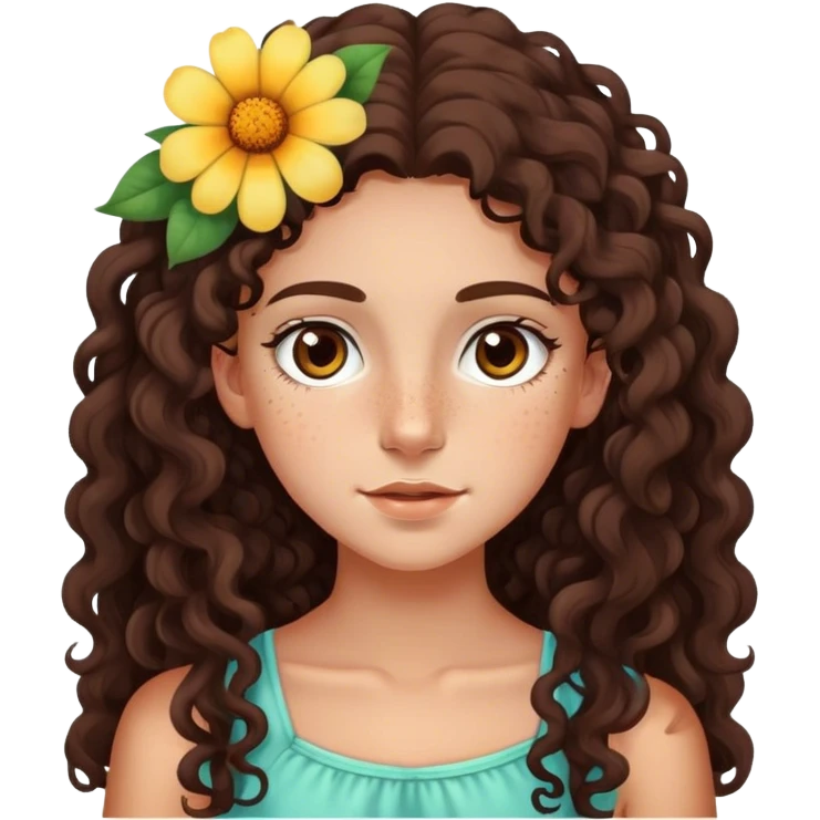White teenage girl with long dark brown curly hair, big brown eyes and freckles with a flower in her hair and tan lines emoji