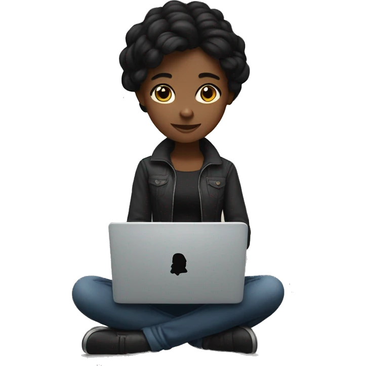 A dark-hair girl working with a laptop with a black heart behind emoji