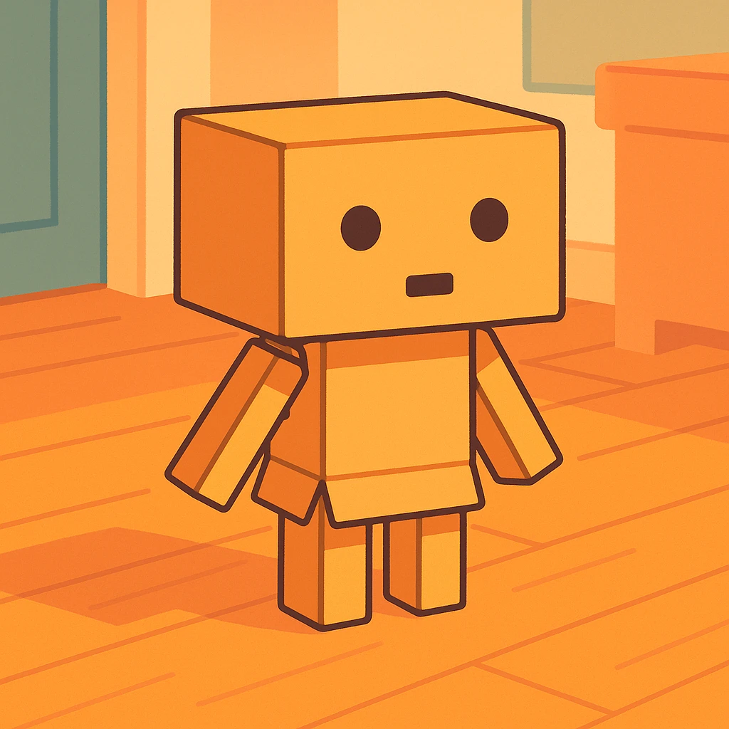 small cardboard robot named Danbo standing alone in the middle of a softly lit room, square head with two round black eyes and a small rectangular mouth, body made of folded cardboard panels, jointed arms and legs, cartoonish style with clean lines and pastel colors, warm wooden flooring, soft shadows, cozy and nostalgic atmosphere emoji