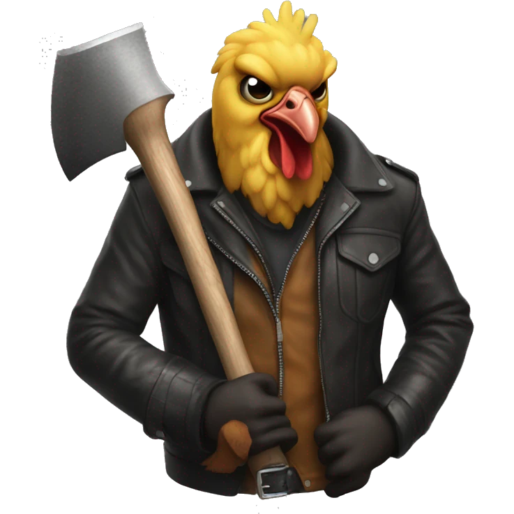 man with a realistic chicken mask wearing a leather jacket while holding an axe emoji