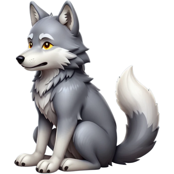 cinematic-[wolf]-realistic-full-body-sitting-emoji,-tail-resting-loosely-beside-its-paws,-head-tilted-dramatically, -scruffy-[grey]-fur,-simplified-yet-realistic-focused-features,-highly-detailed,-glowing-with-an-almost-sarcastic-glow emoji
