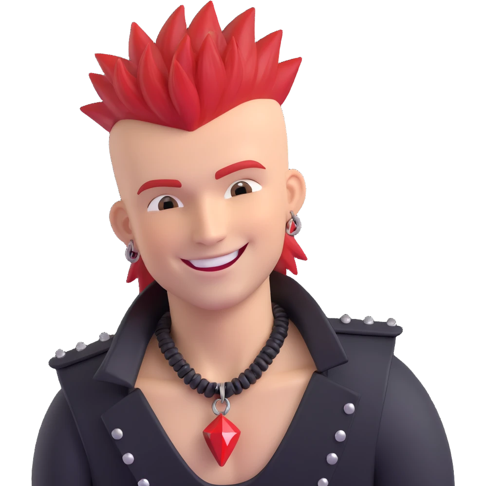 white guy rock singer with red mohawk hair, studded leather necklace, rebellious style, smiling emoji
