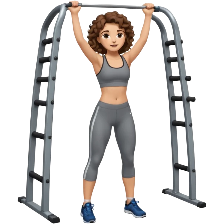 full body, very beautiful italian girl, looking like Emma Watson, with curly and big volume very bright brown hair, workout clothes doing a pullup

 emoji