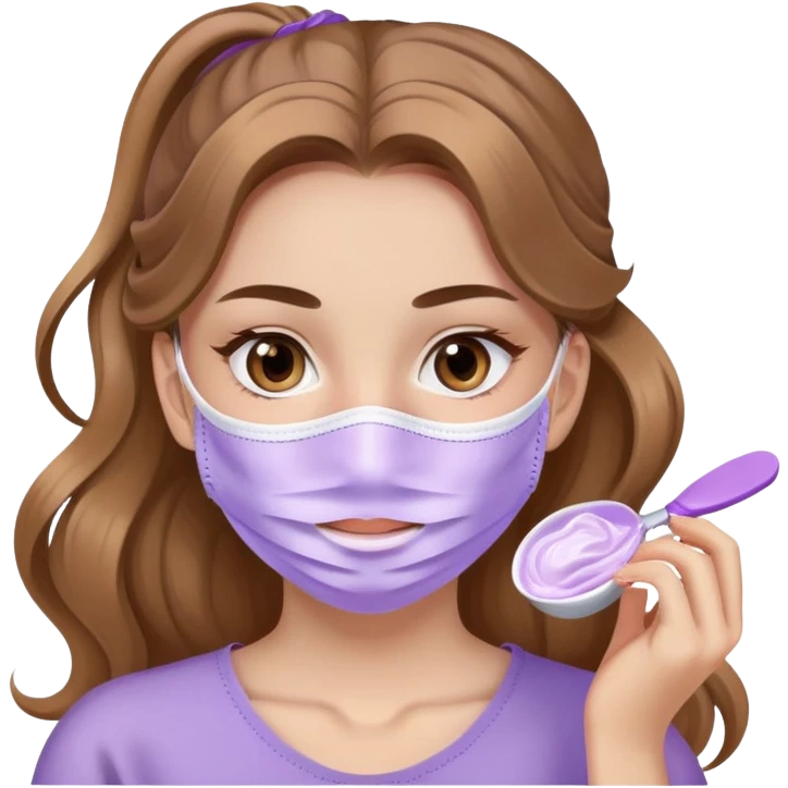 girl with long wavy light brown hair in ponytail applying lilac face mask skincare emoji