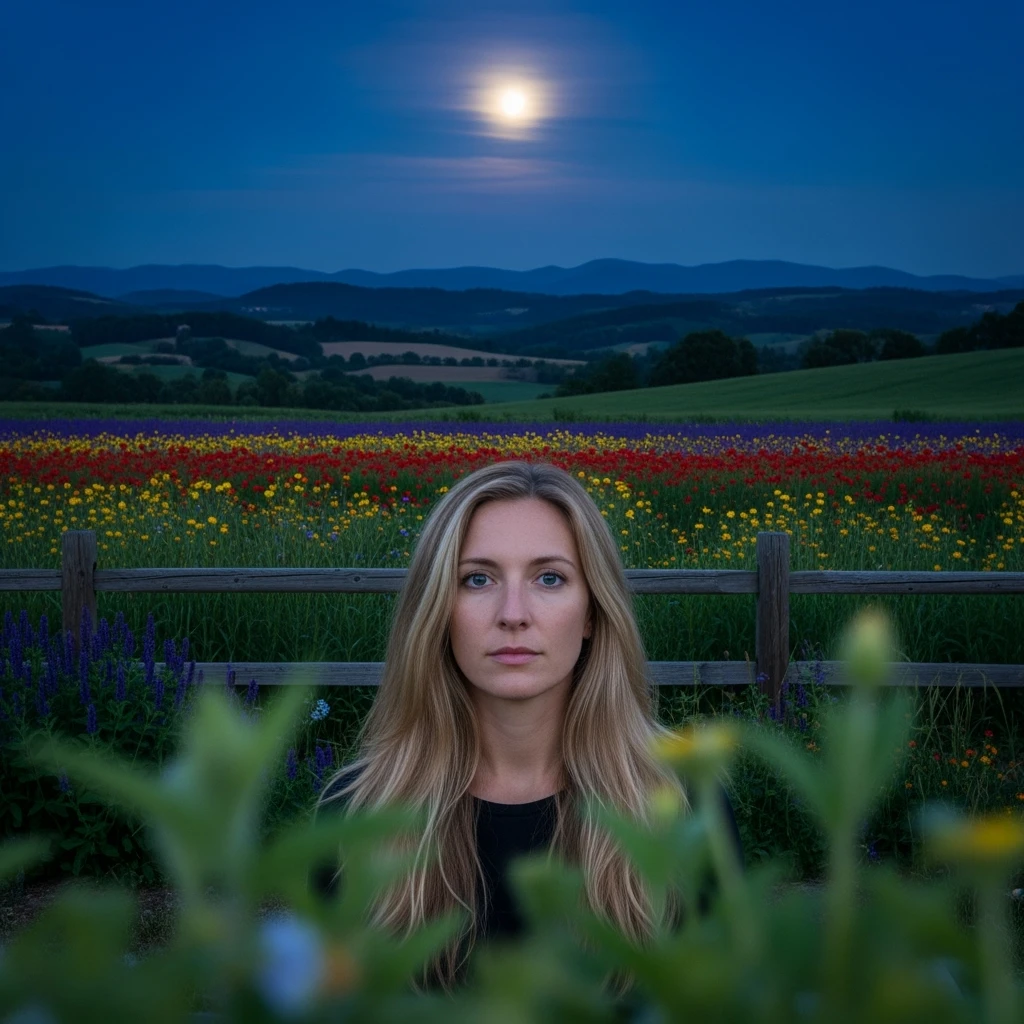 A portrait of a white person in the foreground, blurred plants in the foreground, a wooden fence and colorfull flowers in the midground, rolling hills in the background, cinematic depth of field, layered composition, moon back light (Blue night) emoji
