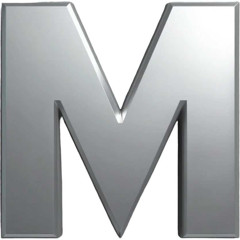 ...Minimalist 3D emoji based on image_e44ce5.png: massive polished chrome geometric 'M' raised metal relief, integrated central on deeply impressed bare heel in rough grey concrete. Harsh shadows, high contrast. Isolated on white --no background emoji