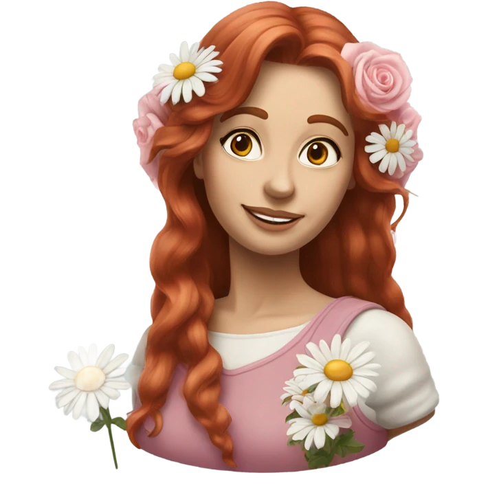 Realistic european woman with longer red  hair with pink roses & white daisies in hair emoji
