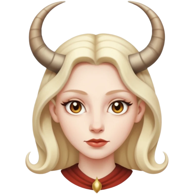 Woman with subtle horns, smooth skin and sharp gaze, divine corruption emoji