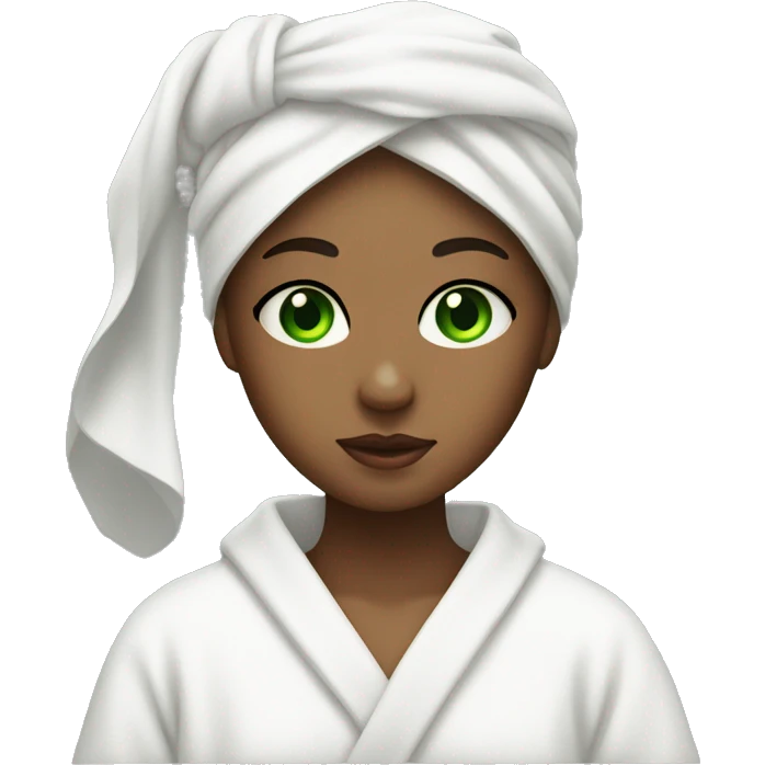A girl with green eyes with a mask on her face, wearing a white towel on her head and a white robe emoji