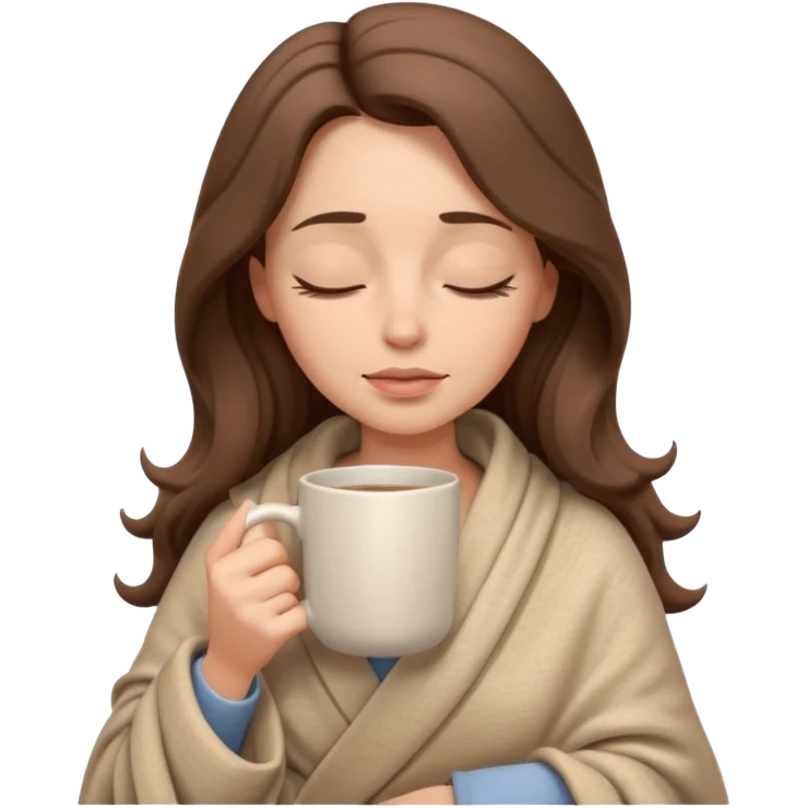 emoji-style illustration of a pretty relaxed woman with long wavy brown hair, wrapped in a cozy beige blanket, holding a mug cup, eyes closed, sad and a bit anxious expression, soft 3D cartoon rendering, warm and comforting mood, plain background
 emoji
