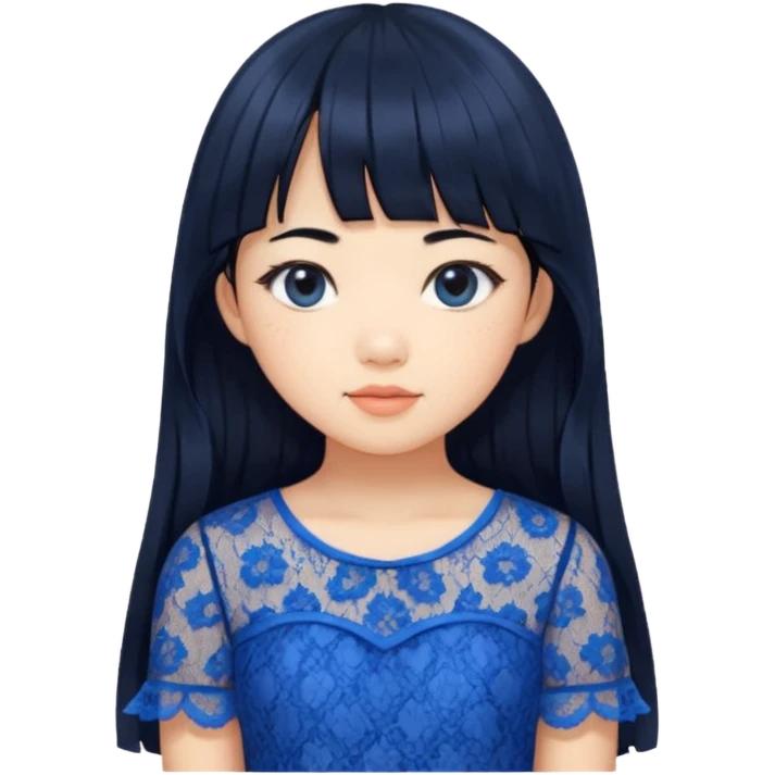 Long hair asian girl with curtain bangs with a blue lace top on with GG written emoji