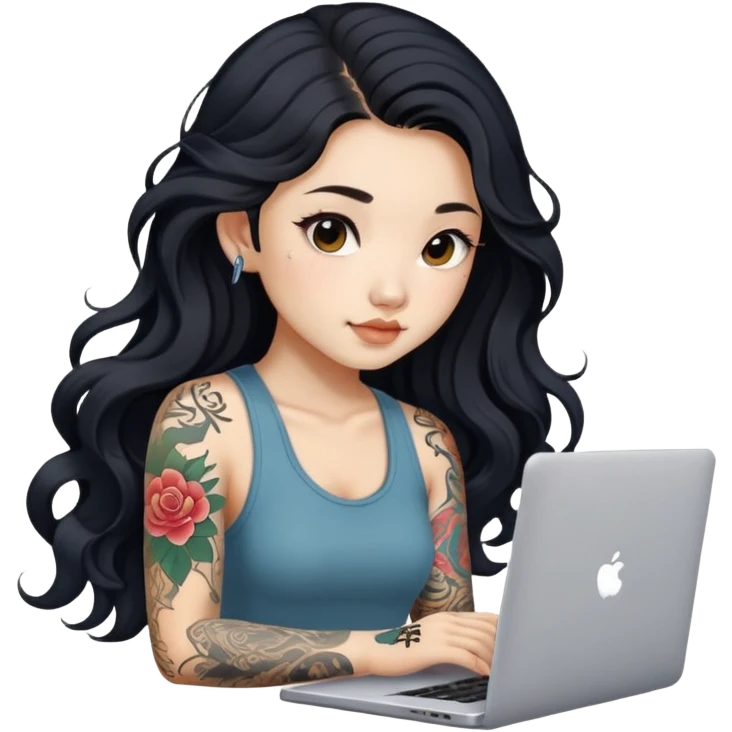 beautiful girl, with tattoos, with long black hair, wavy hair, chinese, with laptop emoji