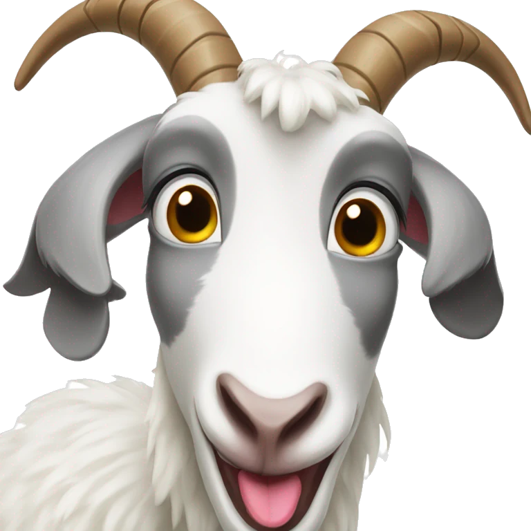 a grey and white goat making an extremely silly face with the tongue all the way out emoji