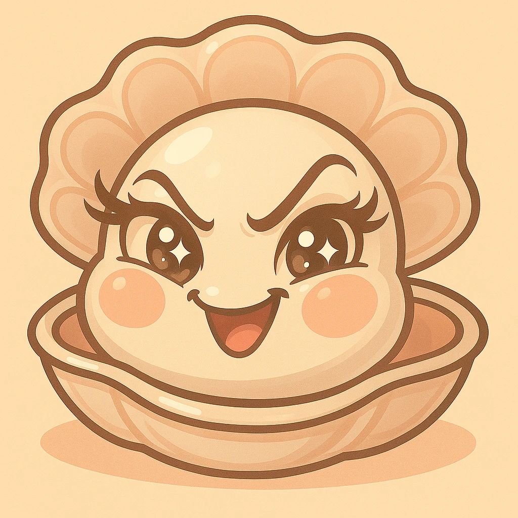 Enhance the mischievous expression of the oyster even more, keep the eyes very expressive and luminous with elegant eyelashes. Emphasize pastel tones with pearly, cream, peach, and greige shades very pronounced. Maintain the large shell and the small oyster. Keep the pastel toon style and the background as is. emoji