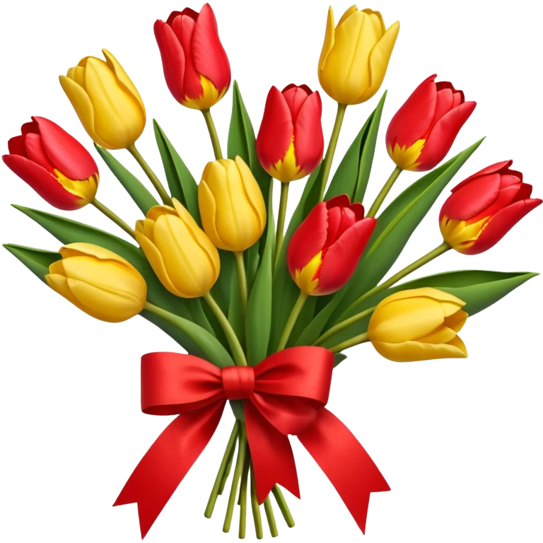bouquet of tulip with red bow and yellow wrapping paper emoji