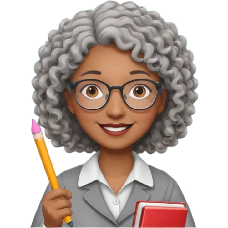 woman teacher, brown skin, curly grey hair, old, wearing glasses, hold chalk on hand emoji