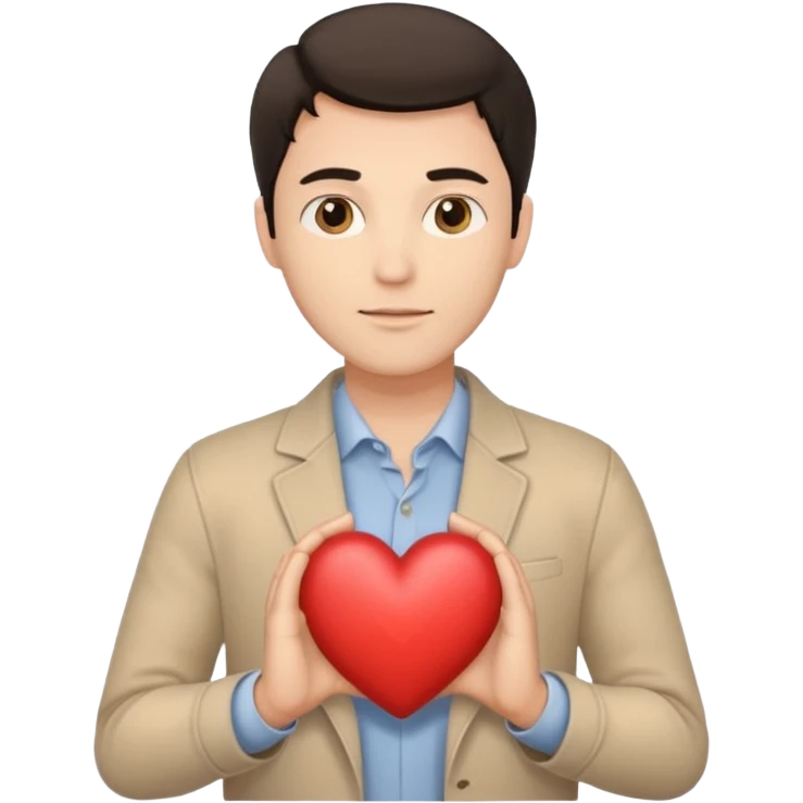 A white handsome man with dark hair and beige clothes with beige heart in his hands emoji