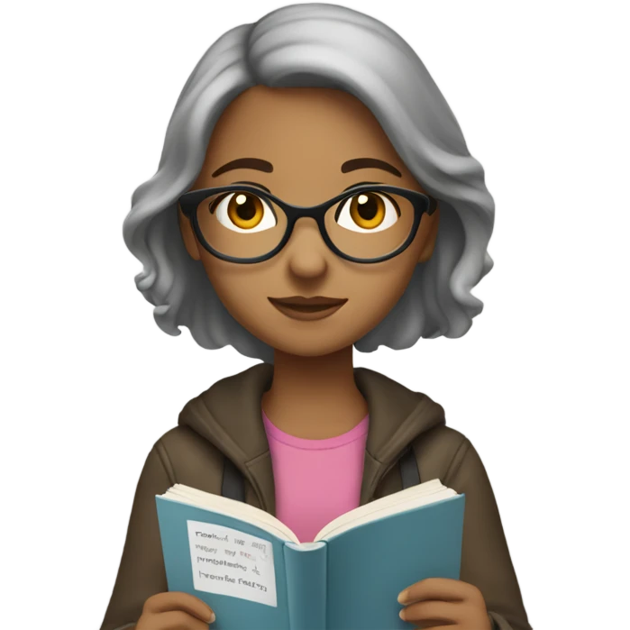 girl reading book, black eyes, Hispanic, grayish hair, wearing classes  emoji