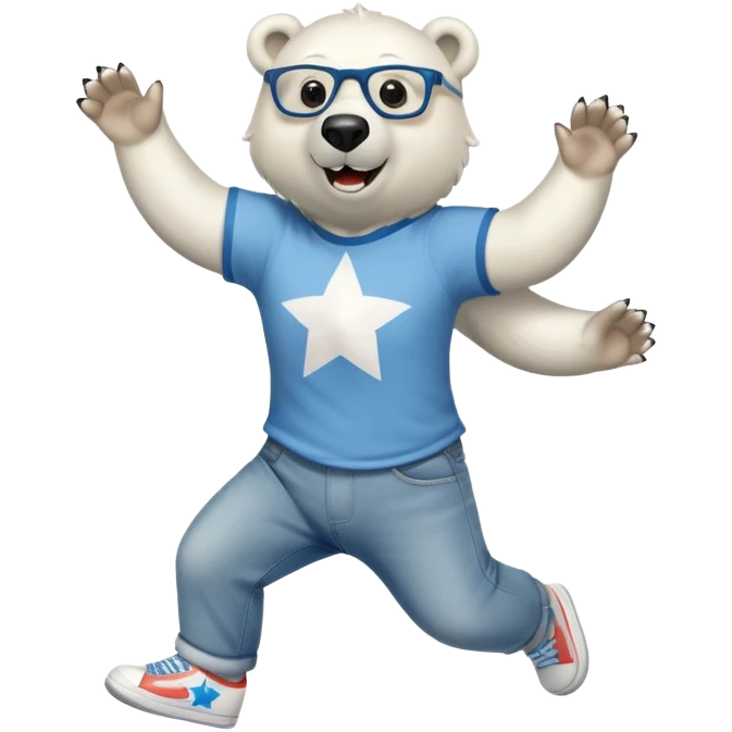 friendly anthropomorphised polar bear jumping and looking excited, wearing a shirt, jeans, trainers, star-shaped glasses emoji