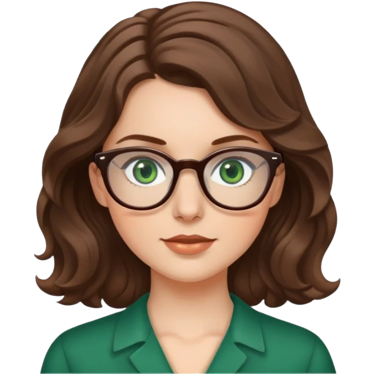 White girl with medium length brown wavy hair, glasses, and green eyes emoji