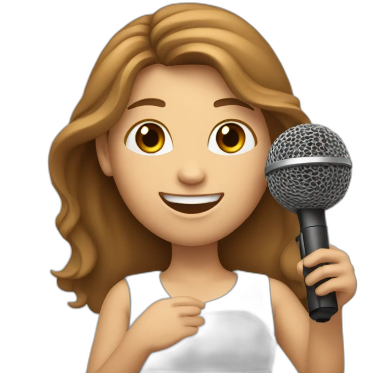 Caucasian girl with long Brown hair holding a michophone singing happy emoji