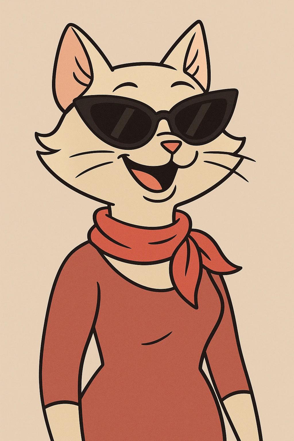 stylish mrs. cat, sunglasses, red scarf, big smile, modern cartoon illustration emoji