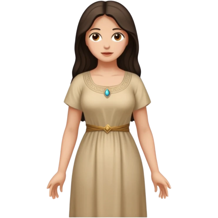 fullbody Mary Magdalene, fit and buxom body, very pretty detailed face, normal height, plain light tan dress, arms down with hands by hips, dark hair emoji