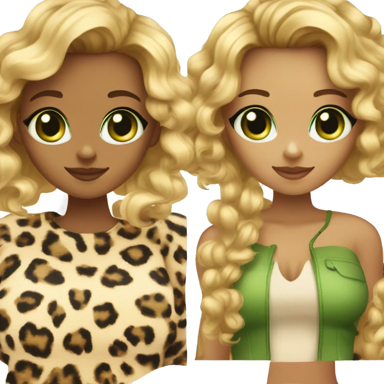 tanned girl with curly blonde hair with highlights. leopard top and black cat with green eyes emoji