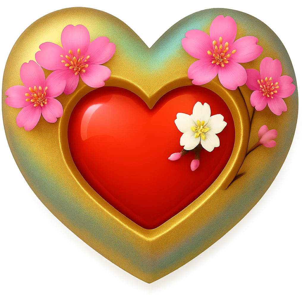 Make the sakura petals huge, keeping the gold, silver, and rainbow shimmer highlights on the heart with a sakura blossom overlay. The style should resemble apple emoji style with no background. emoji