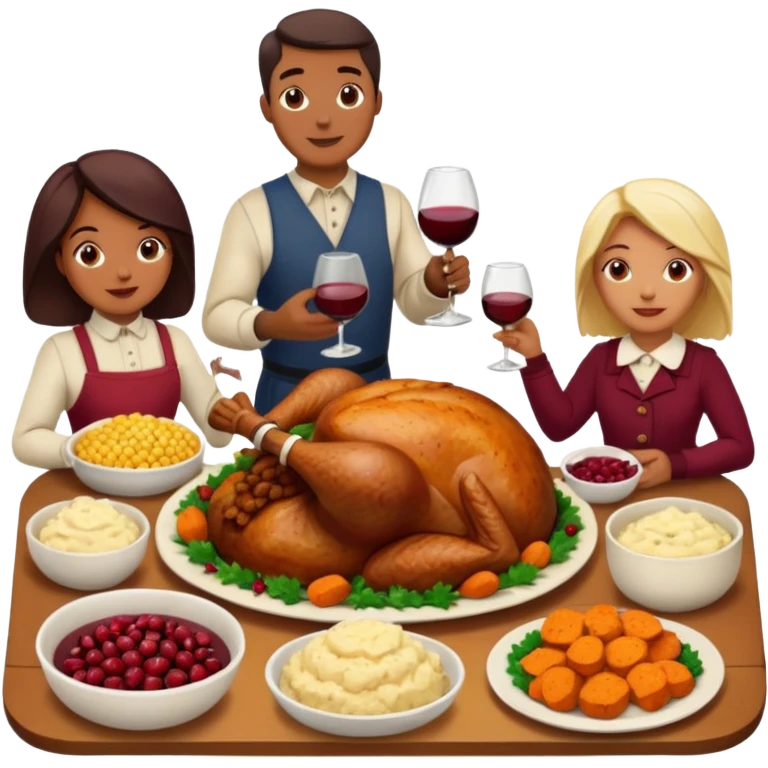 Thanksgiving Dinner with 10 people of different skin color around the table; have the food be a cooked turkey, mashed potatoes, corn, a basket of biscuits, a small bowl of cranberry sauce, baked yams, steamed vegetables, and a bottle of wine. emoji