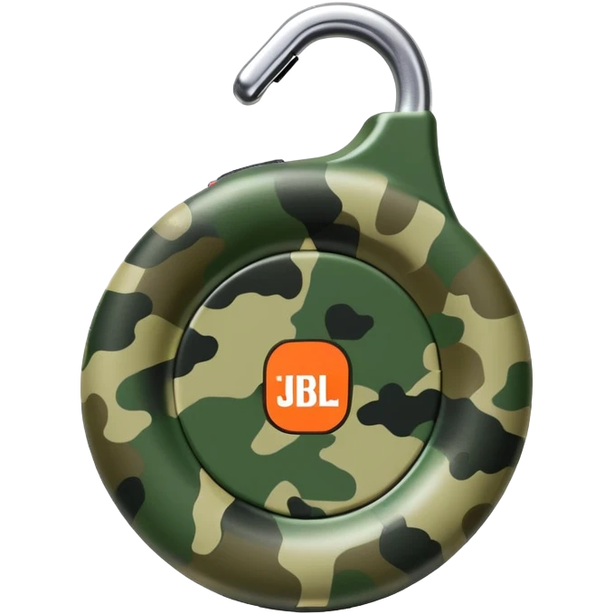 Ultra minimal JBL Clip 4, extremely simplified circular shape with tiny carabiner, just a few green camo spots, small JBL logo, iOS emoji style emoji