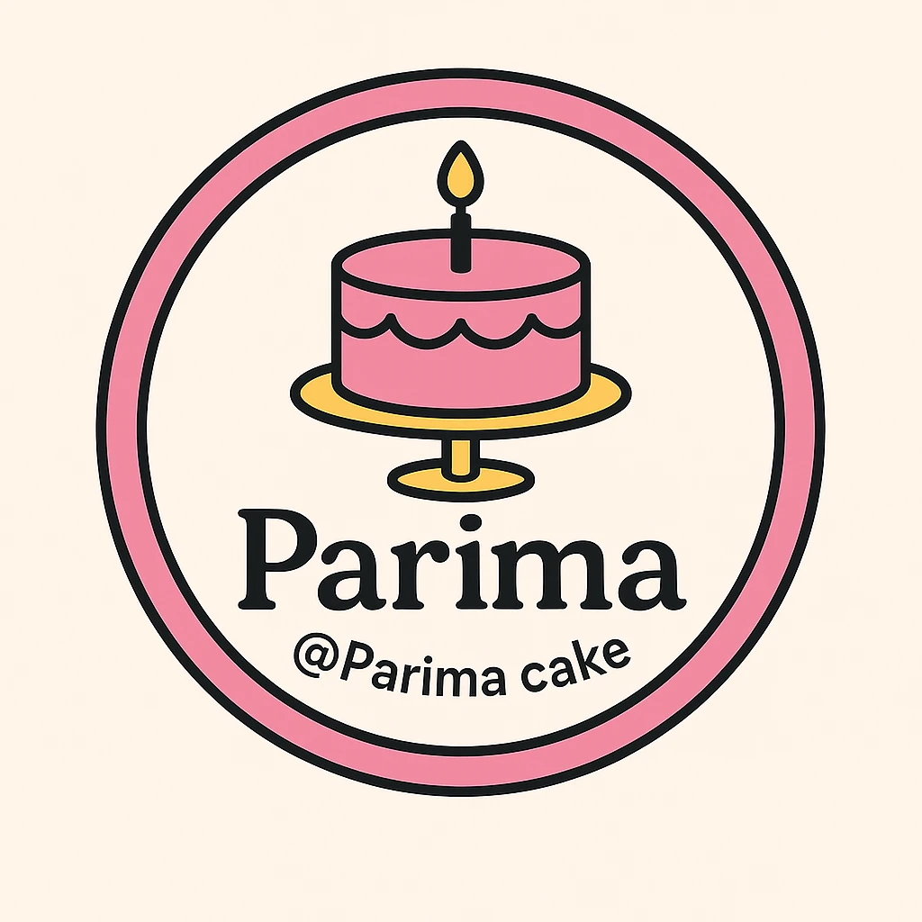 Update the second logo from the left with the text Parima instead of Prima Cake and replace the contact information with @Parima cake. Keep the design and layout the same. emoji