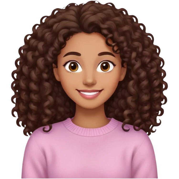 Mujer piel light brown canela, cara ovalada, cejas definidas, pelo súper largo rizado marron oscuro, raya al lado. Sonrisa amplia, expresión suave-alegre. Sweater largo rosado claro. emoji
