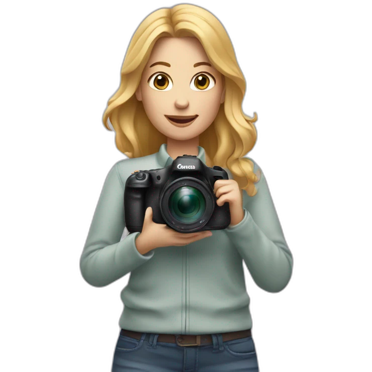 women photographer with honey colored blonde hair holding a camera canon emoji