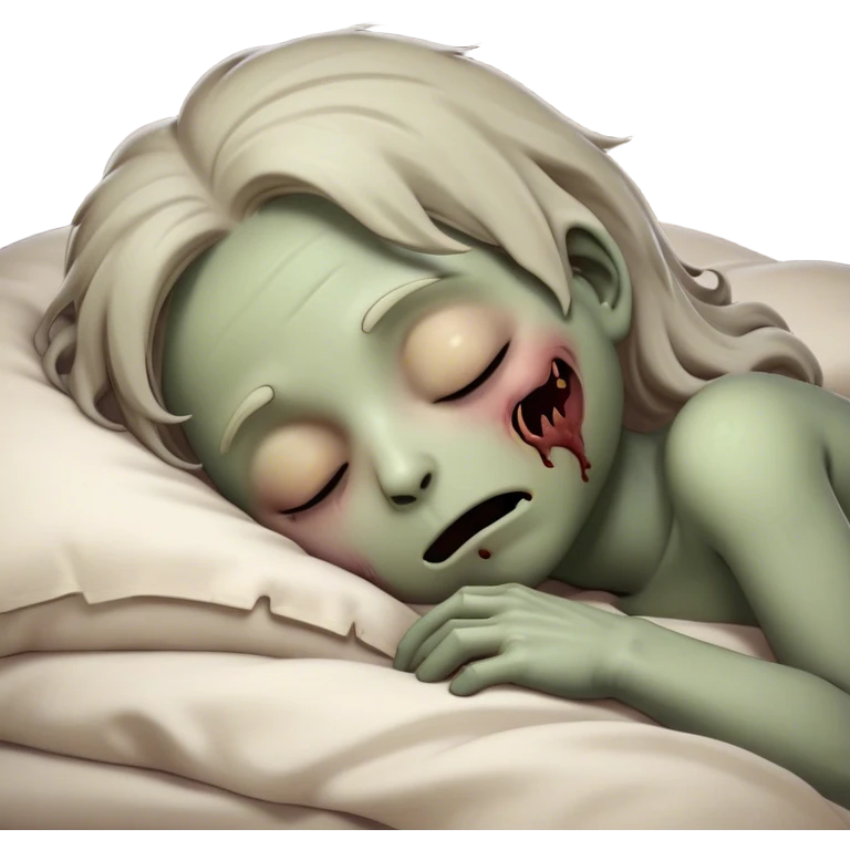 Meme-Worthy Cute Sleeping Zombie Portrait Emoji, with a delightfully quirky, slightly disheveled decaying face in soft ashen hues, head tilted back in peaceful, relaxed sleep with softly closed eyes and a tiny, endearing smile, simplified yet irresistibly charming, highly detailed with a soft eerie glowing outline that captures the gentle, unexpected cuteness of a zombie in serene repose! emoji