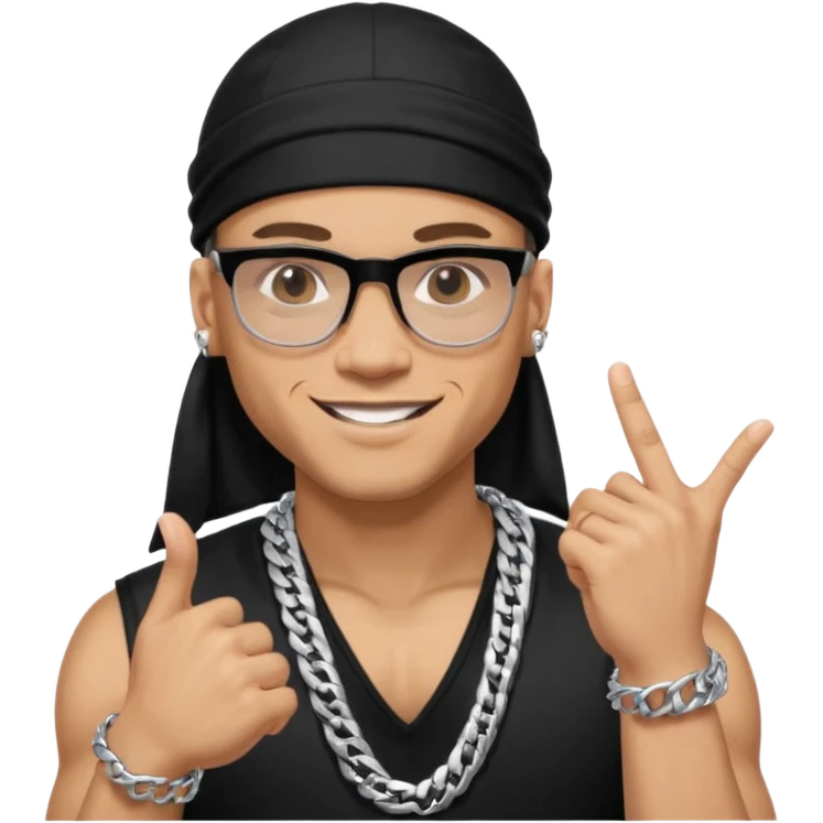 lightskin man with a black durag,a cuban link chain,glasses, and smiling flexing grills with crossed arms but with one arm up and pinky finger touching grills  emoji