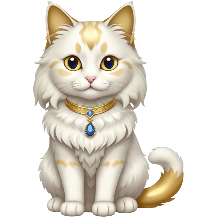 Fancy white fluffy long-haired sophisticated elegant sitting pet cat with a gold-sapphire collar (full body)  emoji